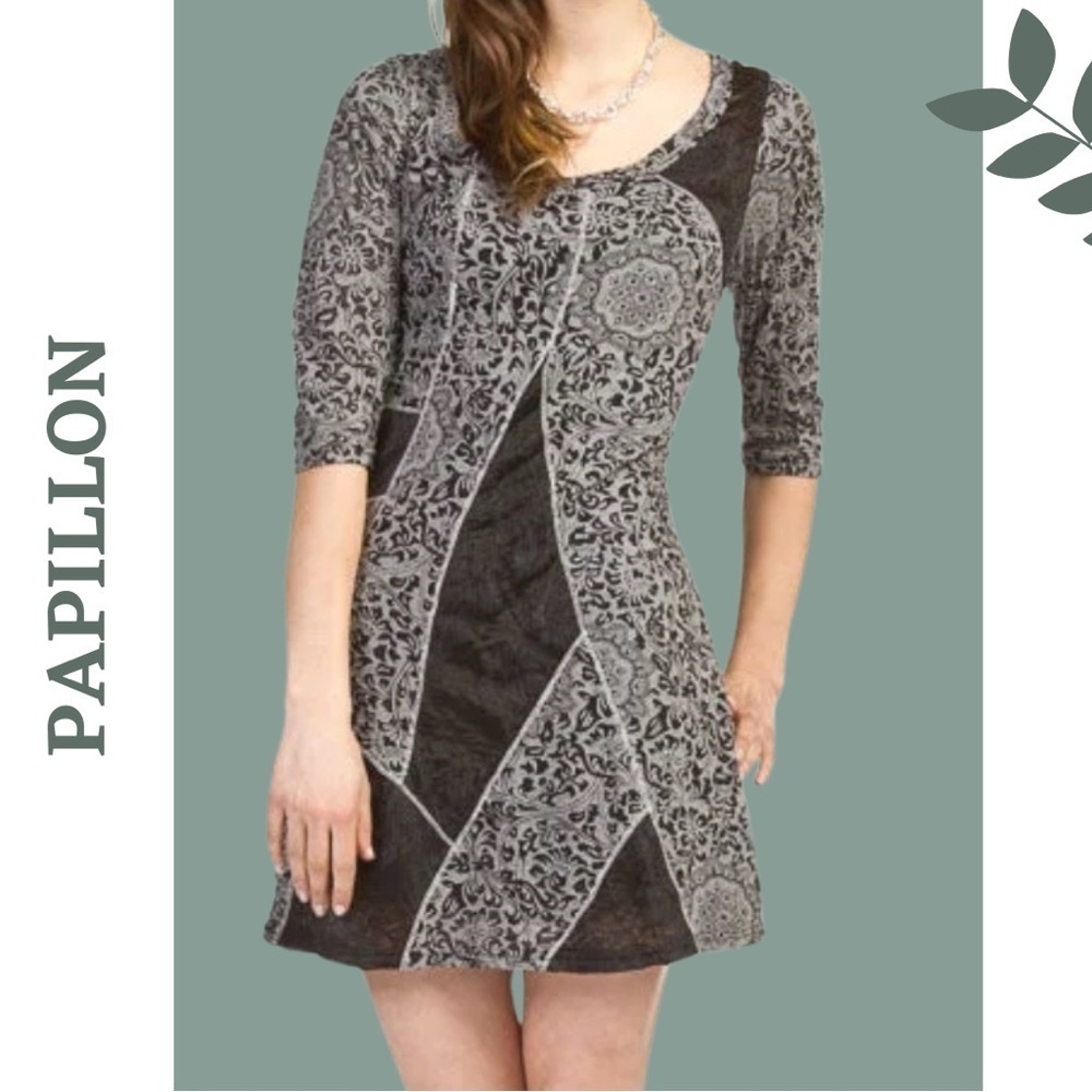 Papillon Women’ A-Line Dress Scoop Neck 3/4 Sleeve Patchwork Grey Black Small